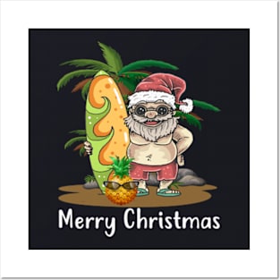 Christmas Palm Tree Tropical Xmas Coconut Santa Surfing Posters and Art